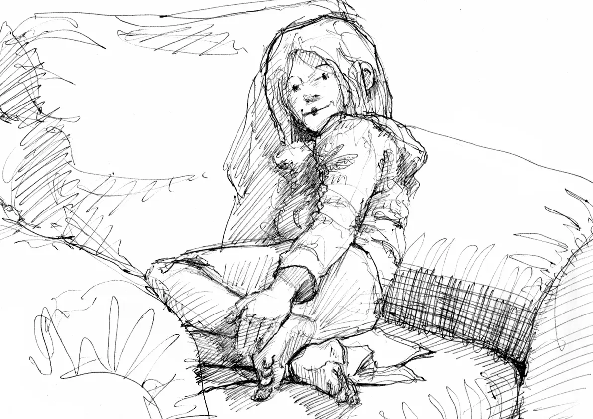 Lovée dans le fauteuil : Croquis d'après nature au stylo bic noir illustration stylo bic croquis enfant fille fauteuil pose sketch