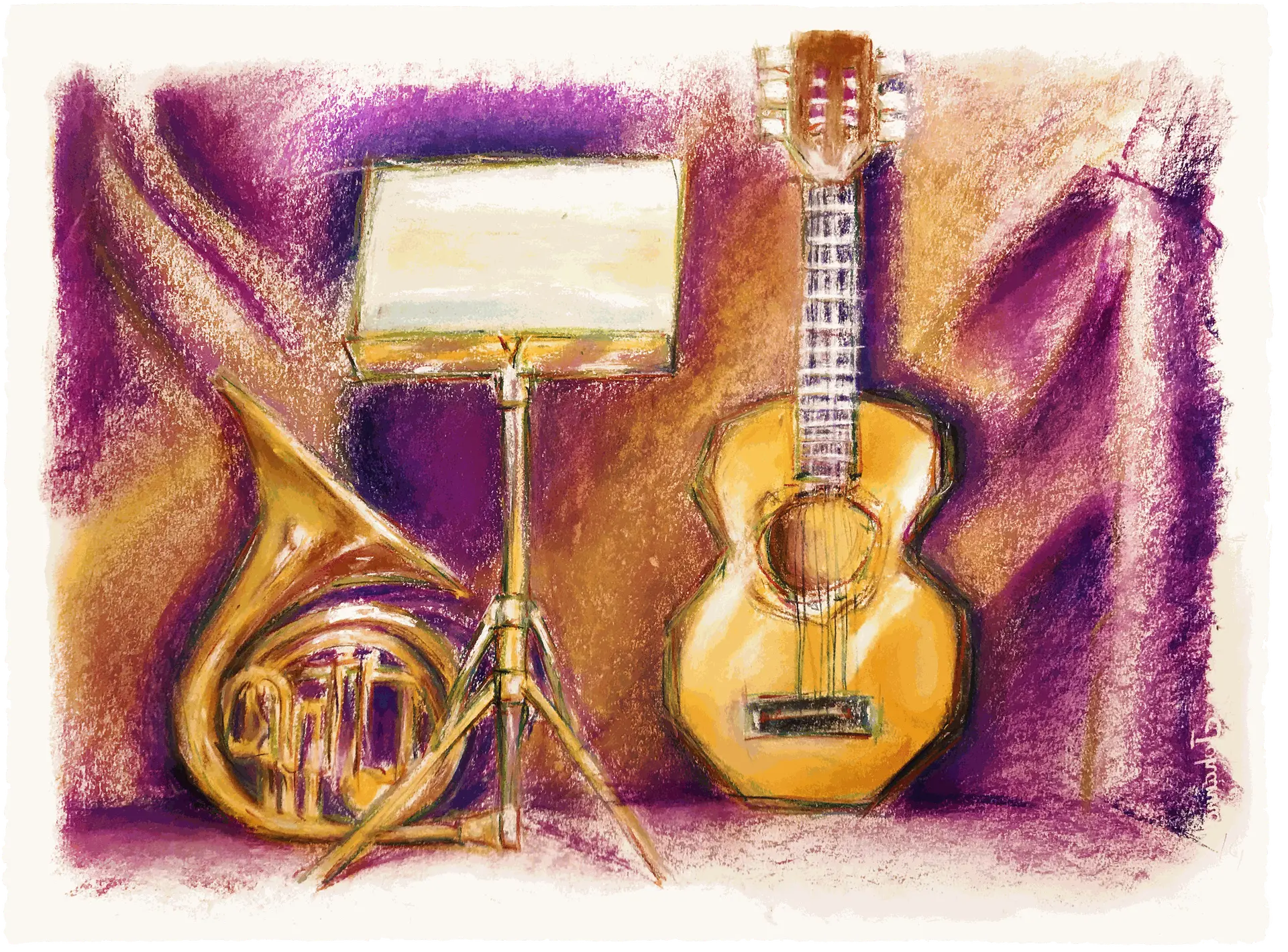 Silence musical : illustration aux pastels sec et gras sur papier arche illustration musique instrument pastel couleur guitare cors pupitre scénographie