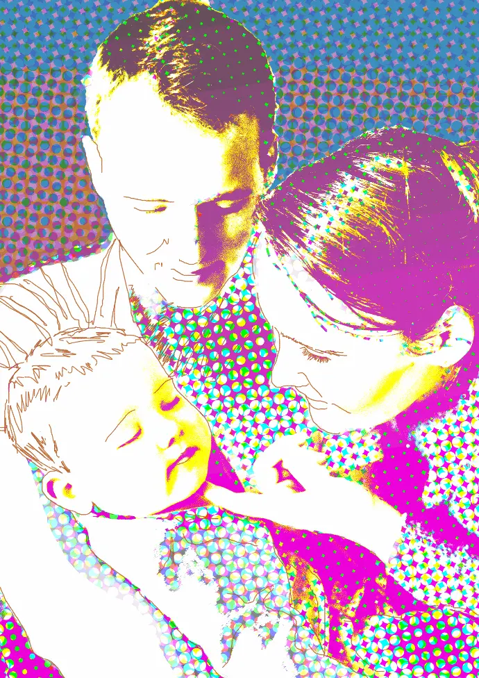 Portrait de famille graphique : techniques mixtes (commande particulier) portrait numérique graphique photomontage bébé parent bonheur famille