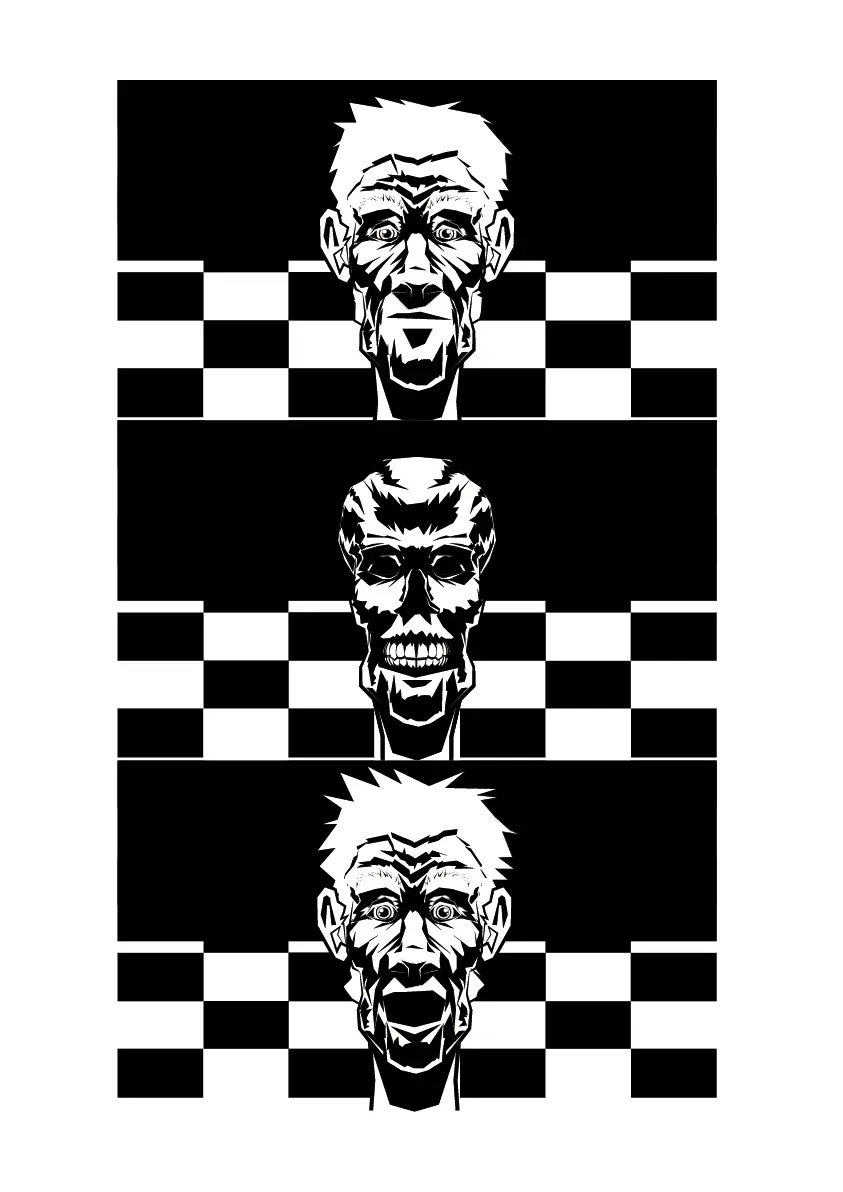 Planche d'expression tirée du clip d'animation "1, 2, 3 et 4 murs" séquence animation visage noir blanc peur mort expression