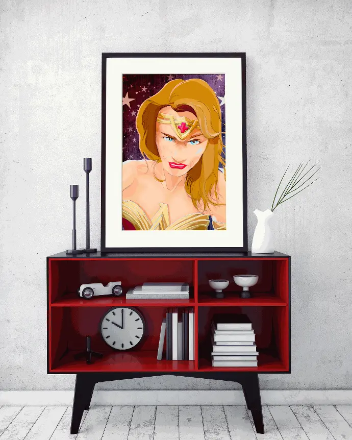 Portrait illustré cosplay "Wonder Woman" : techniques mixtes à partir d'une photo non costumée (commande particulier) parodie cosplay portrait numérique graphique illustration croquis mixte femme