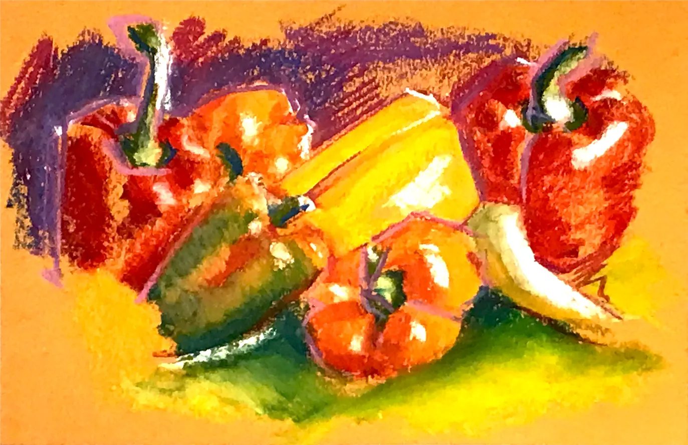 Poivrons : illustration d'après nature gouache et pastels sur papier couleur poivron illustration pastels gouache