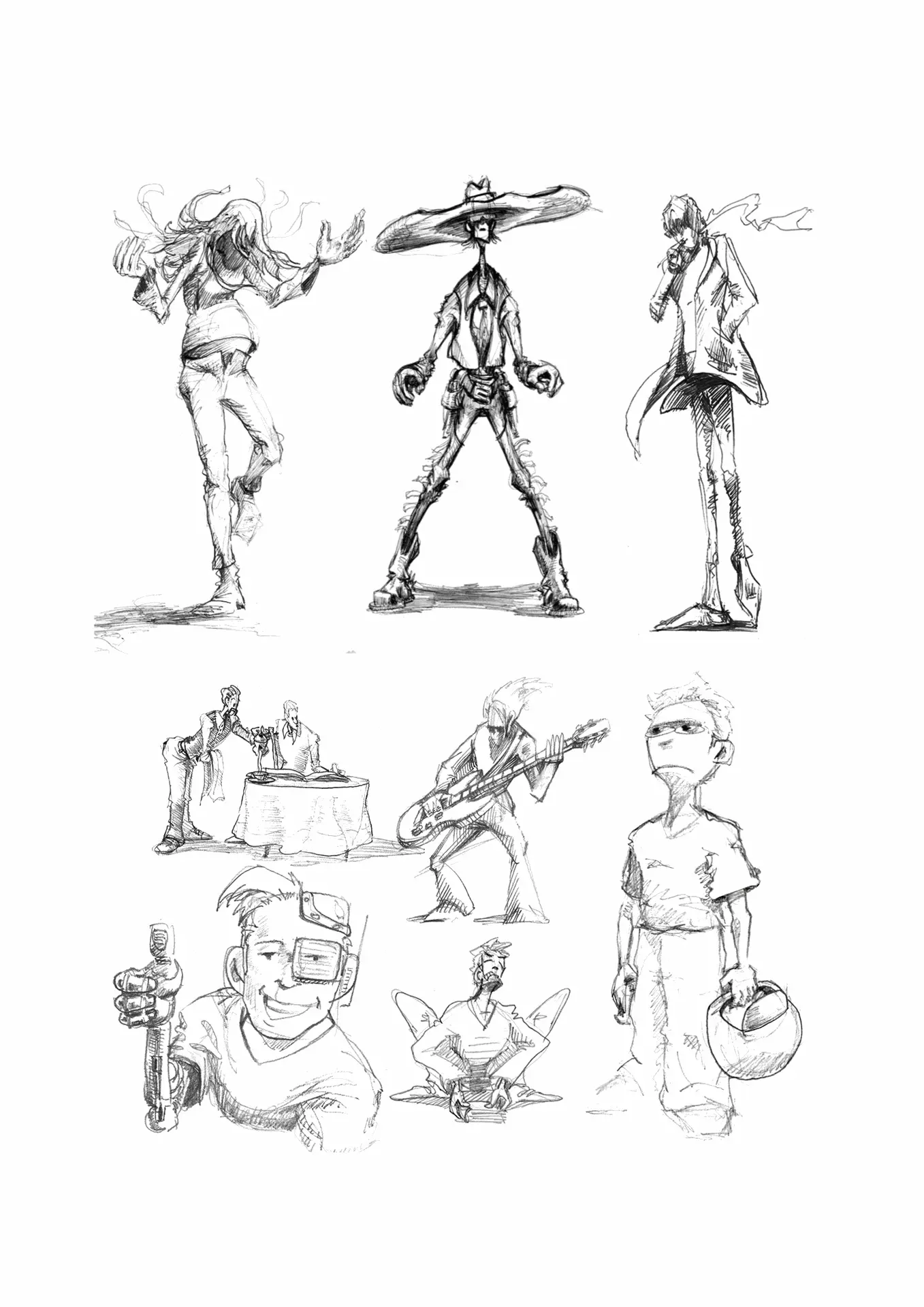 Planche de croquis, divers études sur les attitudes et mouvements, créations originales styloc bic croquis planche personnage attitude étude sketch