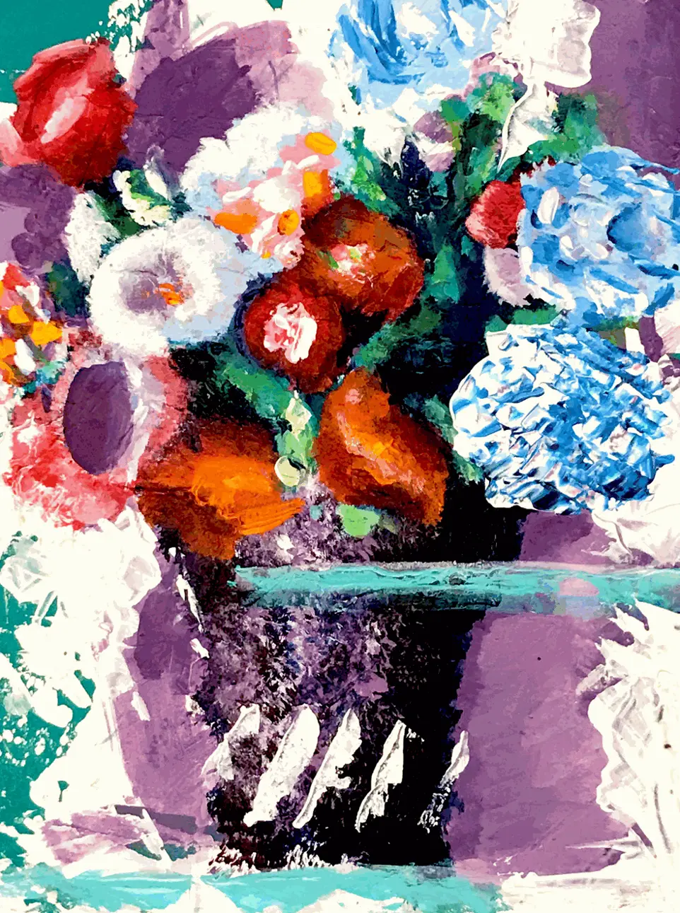 Bouquet floral acrylique pinceau à sec et couteau peinture acrylique fleur vase