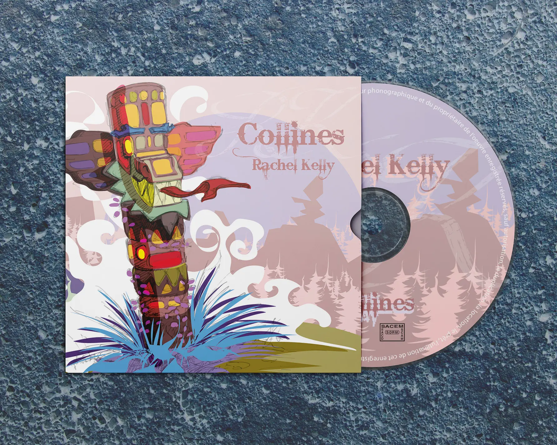 Pochette album CD "Collines" de Rachel KELLY (Folk-ethnique Française) commande spéciale de Rachel qui voulait une illustration typée cartoon dans l'esprit amérindien (crayonné BIC + illustrator) Pochette album CD "Collines" de Rachel KELLY (Folk-ethnique Française)